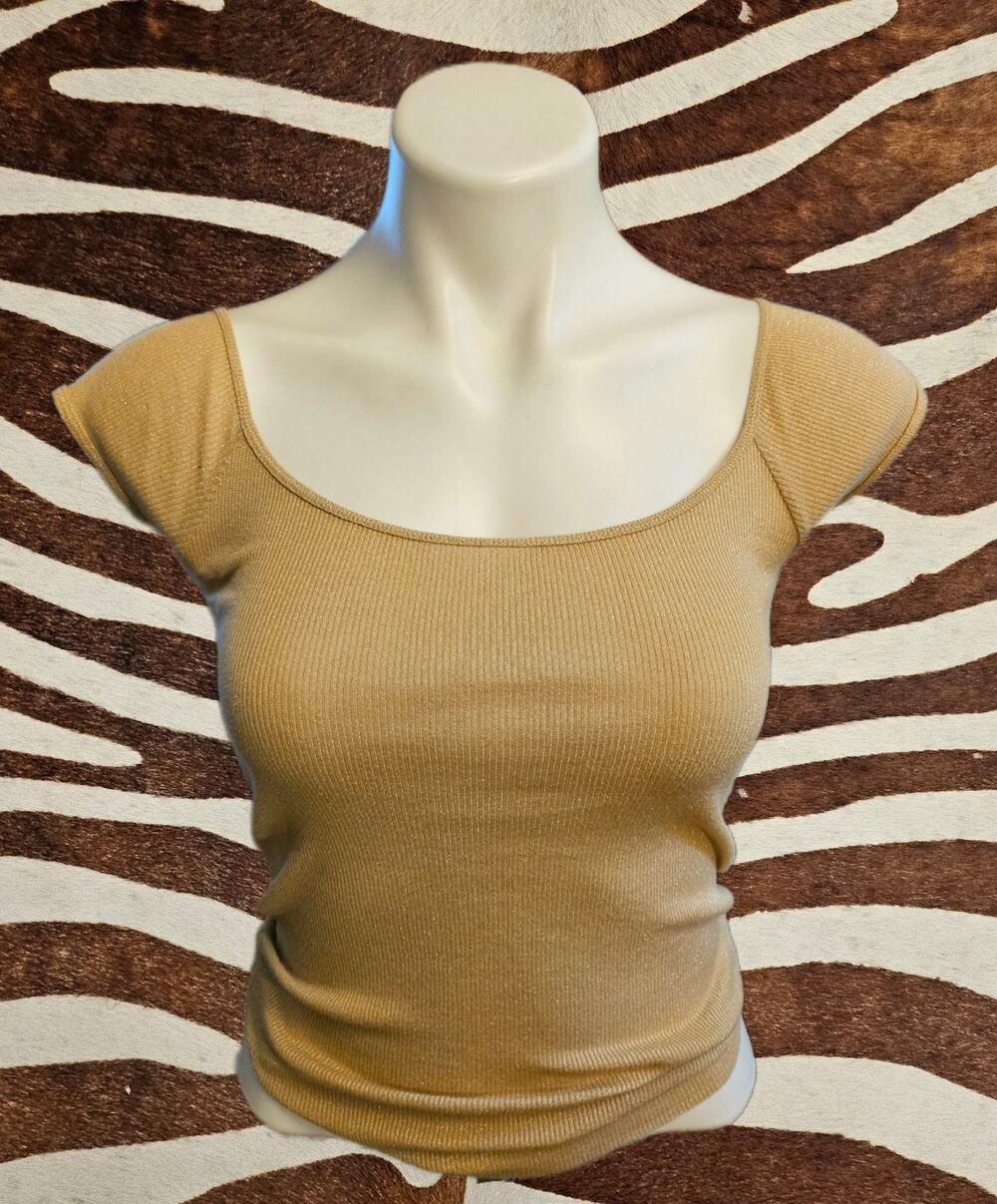 Lauren Ralph Lauren Gold Shimmer Metallic Ribbed Knit Scoop Neck Women's Size S